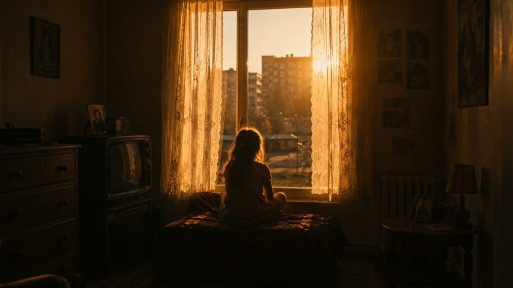 A solitary figure sitting beside a window as evening light enters a dark room