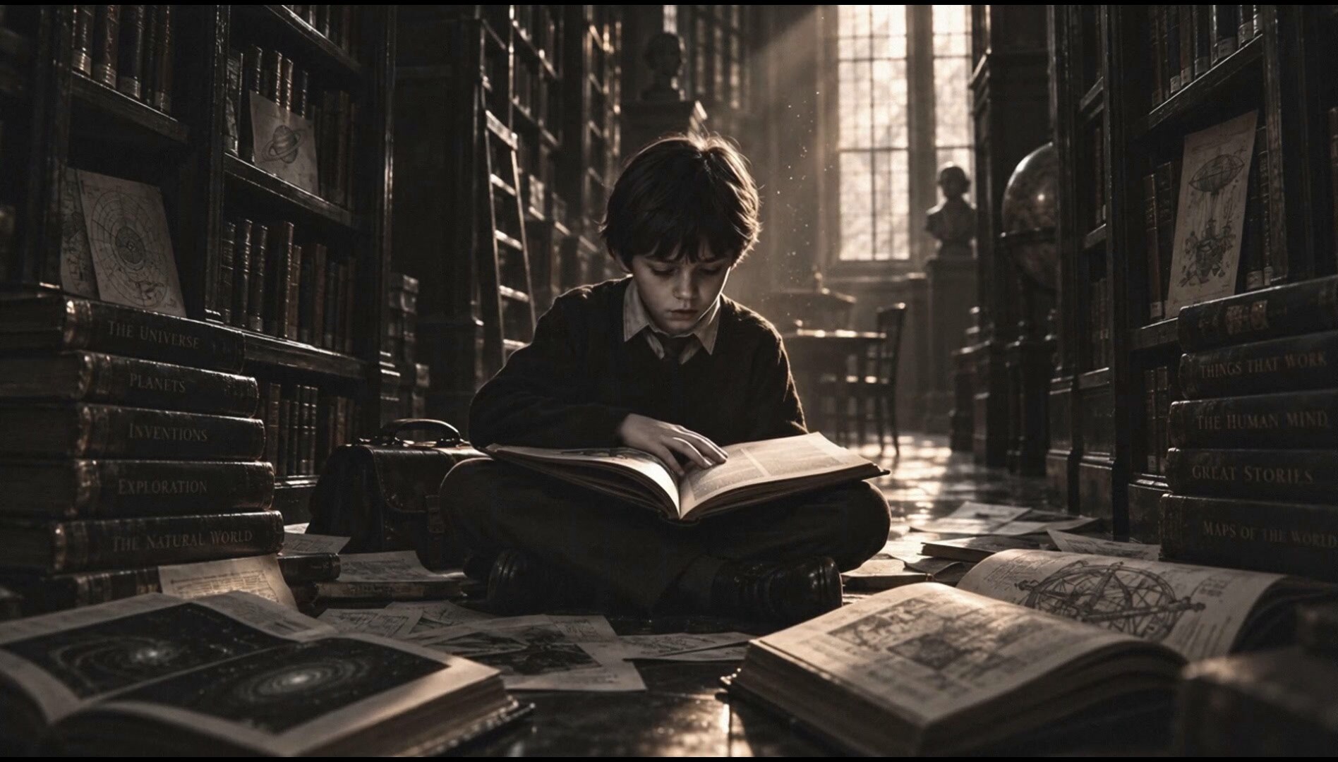 A boy reading in a library, lit by a shaft of warm light, from Afternoons in Paper Realms.
