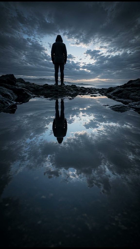 A lone figure and their reflection in still water under a clouded evening sky