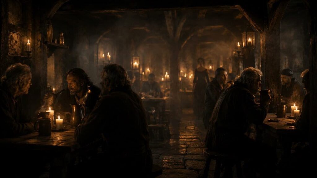 Travellers gathered in the warm candlelit taproom of the Henry Tudor Inn