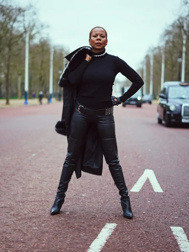 Woman in black leather standing on a tree-lined London road